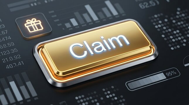 Claim button rendered in gold with glowing blue text on a digital interface with financial charts