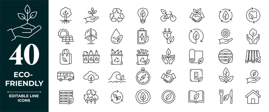 Ecology icon set. Environment, sustainability, nature, recycle, renewable energy; electric bike, eco-friendly, forest, wind power, green symbol. Line  icons vector collection