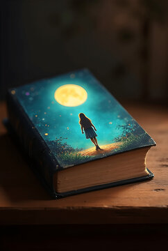 Mystical enchanted grimoire book on dark wood table, silhouette of child under giant full moon, magical night landscape, fantasy storybook cover design