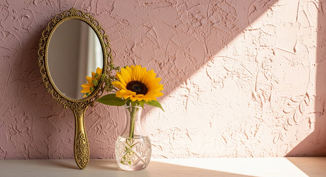 Vintage hand mirror and sunflower in vase on textured pink wall, symbolizing beauty, reflection, and summer's bloom with ample free space