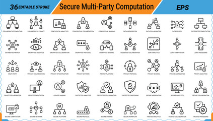 Obraz premium Set of secure multi party computation outline icons for private data analysis workflows.