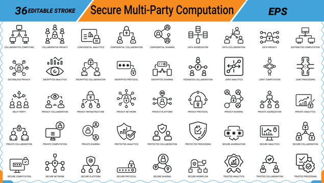 Set of secure multi party computation outline icons for private data analysis workflows.