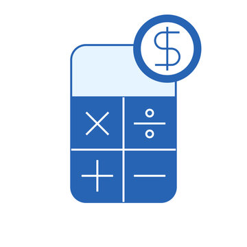 Blue business icon of budget calculator, flat vector symbol for accounting, budget, pricing, payment, tax and finance calculation. Clean, isolated illustration on light background