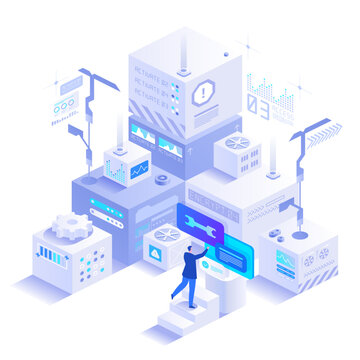 Modular smart factory servers with robotic connections, cloud platforms and interactive control screens. Futuristic isometric technology vector illustration for automation and industrial IT