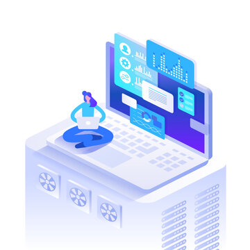 Laptop analytics station with virtual dashboards, online reports and user interaction elements. Isometric technology vector illustration for remote management, fintech and cloud software.