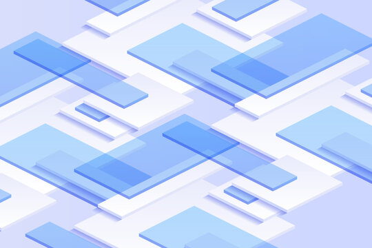 Minimal technology background with spacious blue translucent rectangles and elevated white layers, created for IT branding, cloud advertising, app interfaces and data driven design.
