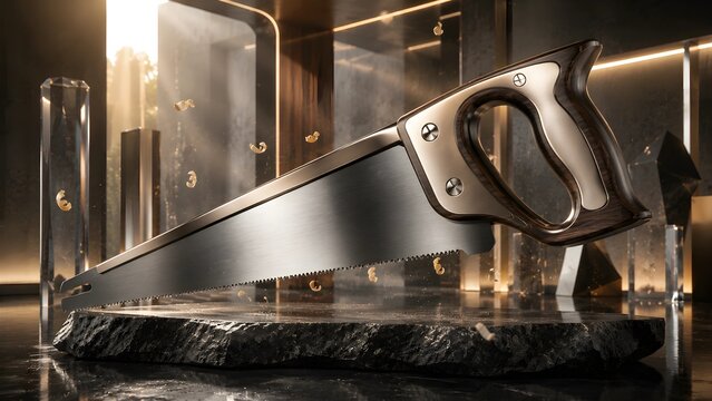 Premium Hand Saw on Luxury Stone Display with Flying Wood Shavings