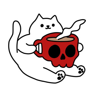 White cat holding skull coffee mug vector icon.