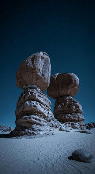 Balanced rock formation under a starry night sky, symbolizing natural wonder, geological marvel, and the vastness of the cosmos