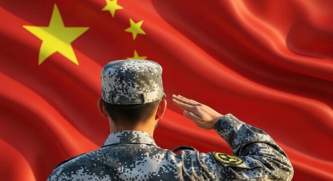 Chinese Soldier Saluting Waving China Flag, Back View of Military Armed Forces Soldier in Camouflage Uniform and Cap Rendering Salute to National Flag, China Army and Patriotism Concept