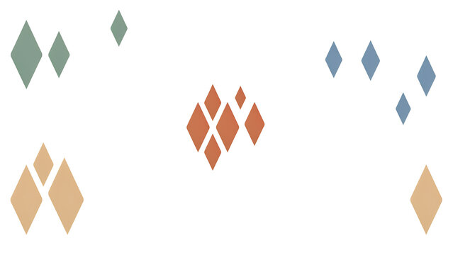 Minimalist geometric diamond pattern, abstract mid-century modern shapes, earthy terracotta and sage green harlequin elements on white background