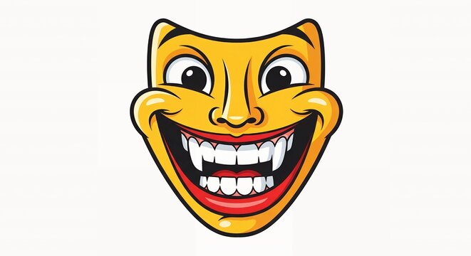 Smiling yellow theater mask with sharp fangs and wide eyes