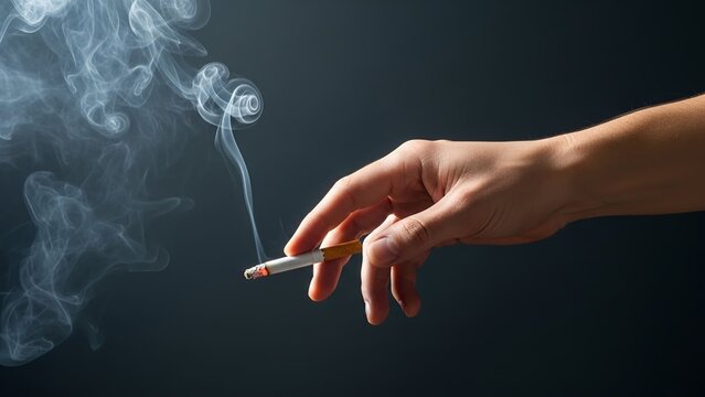 Hand holding a burning cigarette with swirling smoke isolated against a dark moody grey background