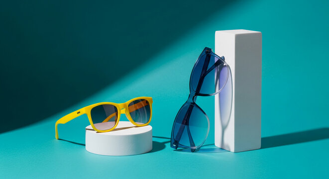 Two sunglasses, one yellow and one blue, displayed on white podiums against a teal background, showcasing summer style.