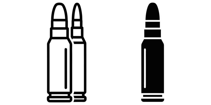 Two ammunition cartridges in line drawing and solid fill styles against a white background representing firepower and defense concepts
