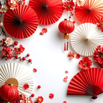 Red paper lanterns with floral patterns hanging indoors.
