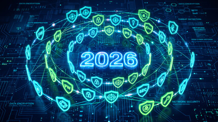 Fototapeta premium Neon glowing shields and year 2026 surround a digital network, symbolizing cyber security and future defense strategies