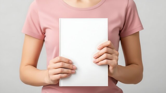 Blank white book held by a young woman wearing a pink shirt against a plain background