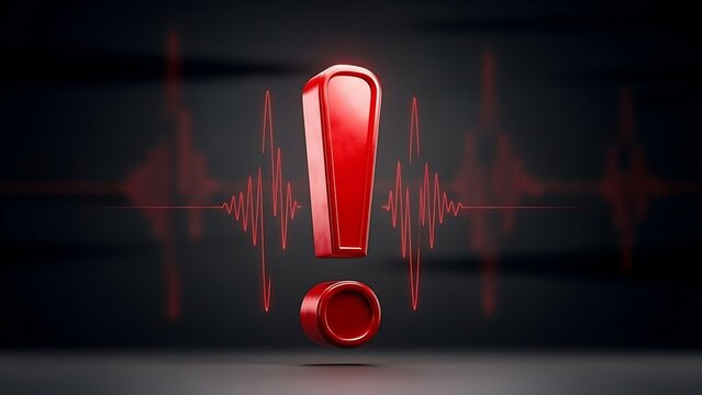 Exclamation mark symbol glowing red with digital heartbeat lines on a dark black background surface
