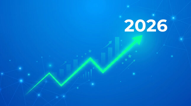 Blue background with upward trending green arrow and bars, representing growth and future success for 2026