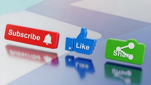 3D social media buttons showing subscribe like and share icons for digital marketing and content creators