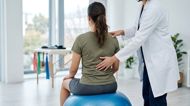 Professional physical therapist performs a back adjustment on a female patient who is sitting on a large blue exercise ball inside a bright medical clinic office