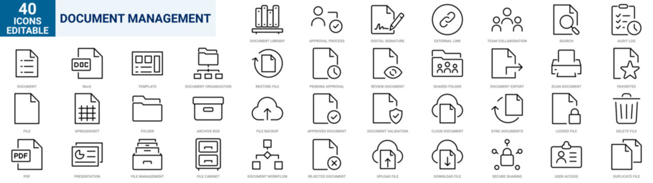 Document Management Line Icons Set. Outline File Management, Document Workflow, Digital Documents, Editable Stroke Vector Collection