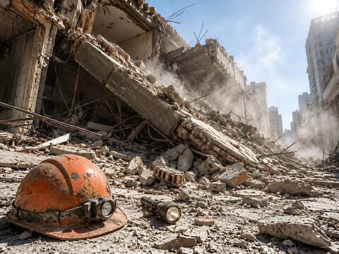 An orange hard hat and a flashlight resting on rubble in front of a collapsed building structure following a catastrophic urban destruction event