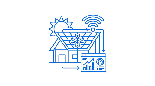 Blue line art illustration depicting a smart home powered by solar energy panels with integrated artificial intelligence systems and wireless connectivity for modern sustainable green living