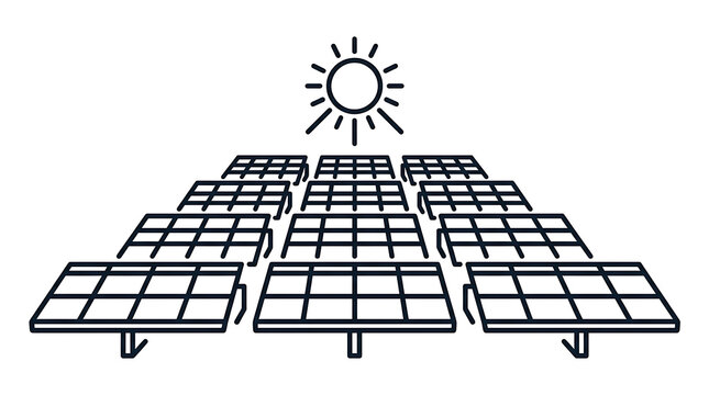 Minimalist black outline illustration of a solar panel farm field arranged in neat rows under a bright shining sun icon against a clean white background