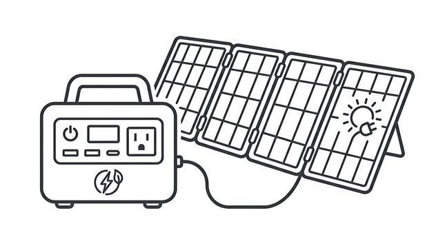 Portable power station connected to foldable solar panels for renewable energy charging displayed in a clean black and white line art vector style graphic design illustration.