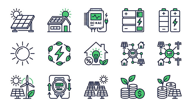 Collection of green energy and solar power icons featuring modern line art style designs for sustainable electricity solutions and renewable technology concepts on white backgrounds