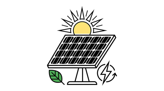 Minimalist vector illustration of a solar panel installation beneath a bright stylized sun with a green leaf and electricity symbol representing sustainable clean renewable energy