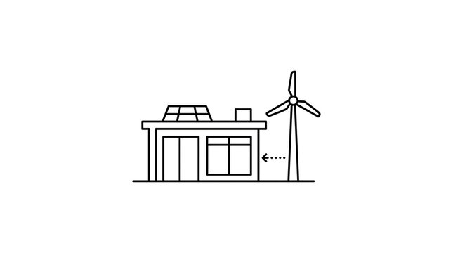 Minimalist outline graphic of a modern eco friendly house featuring rooftop solar panels and a wind turbine standing tall against a clean white background setting