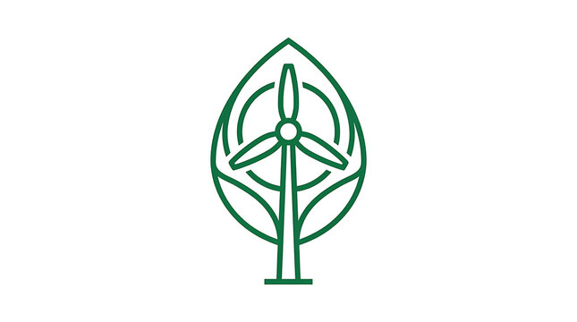 Minimalist green vector line art icon featuring a wind turbine integrated inside a stylized leaf shape representing sustainable energy solutions and clean natural power production concepts