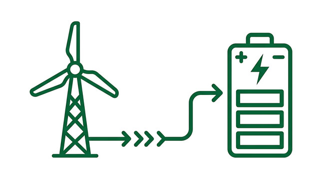 Simple green line icon depicting a wind turbine generator charging a large battery symbol to represent renewable energy storage solutions in a clean minimalist style