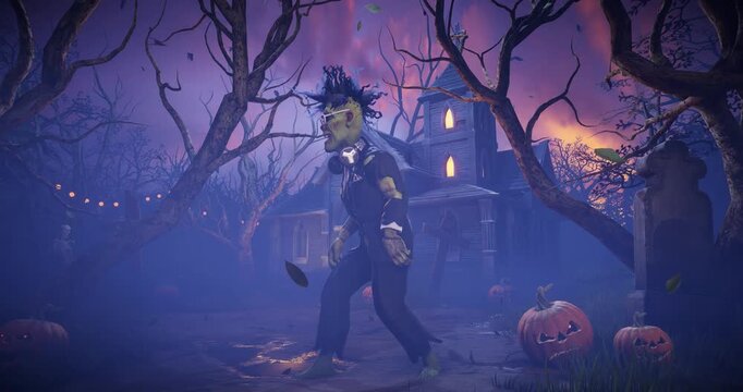 Funny 3D animation of Frankenstein monster dancing in spooky night cemetery. Humorous Halloween character in scary foggy graveyard.