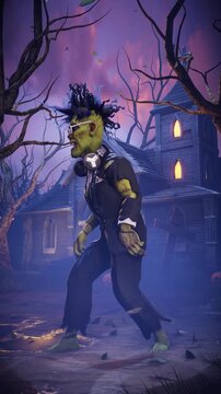 Funny 3D animation of Frankenstein monster dancing in spooky night cemetery. Humorous Halloween character in scary foggy graveyard.