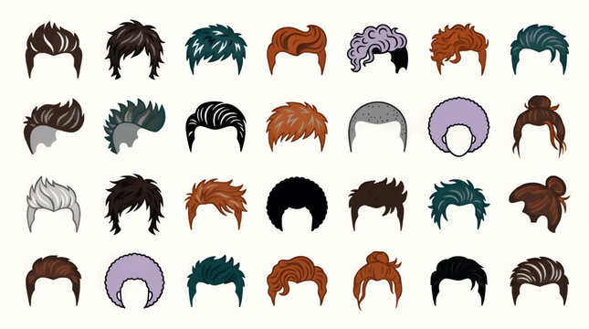Flat Vector Icons Set of Diverse Hairstyles, Including Short Spiky, Wavy, Curly, Bun, and Buzz Cut Styles in Various Colors, Graphic Resource for Design