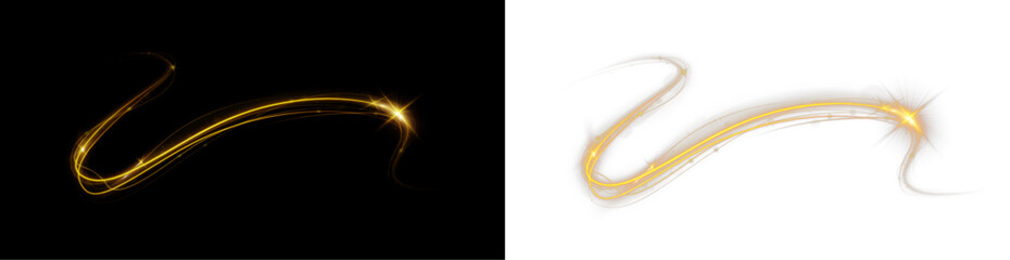 Fototapeta premium Radiant golden dust wave creates a magical atmosphere. Sparkling particles float around the curved light. Festive luxury effect on transparent background.