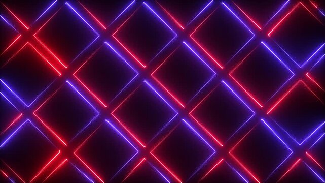 Neon diamond grid background, with glowing red, and blue laser, lines, abstract cyberpunk, motion loop
