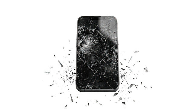 Black smartphone with a cracked glass screen isolated on transparent background