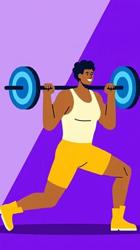 Man doing lunges with barbell on purple background.