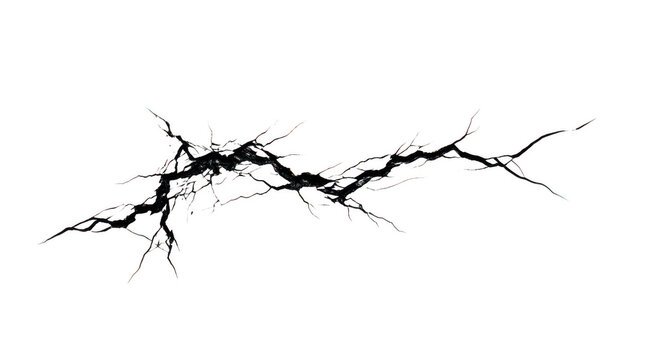 Black thin crack texture on white background isolated on transparent background
