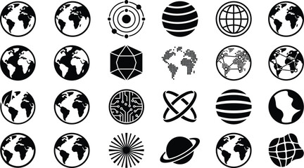 Globe and Planet Earth Silhouette Vector Icon Set Featuring Global Maps Abstract Networks Geometric Spheres and Digital Circuit Worlds for Logistics Branding © MSTNAJMA