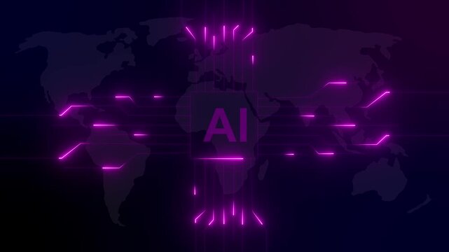 Artificial intelligence concept with glowing neon circuitry and global data network technology digital