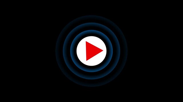 Red play button with pulsing blue concentric circles animation on black background, media player user interface