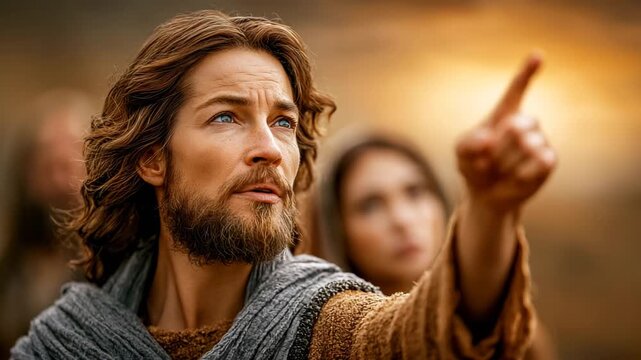Jesus pointing to heavens while teaching disciples