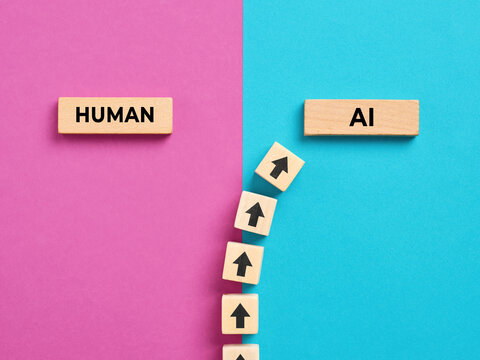 Human moving to AI concept with changing direction arrows