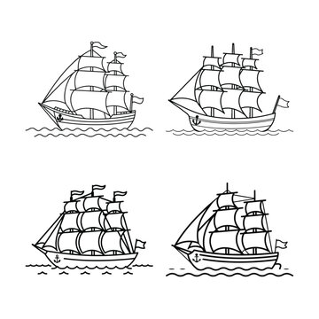 Four magnificent sailing ships with full masts navigating gentle ocean waves representing historical maritime exploration